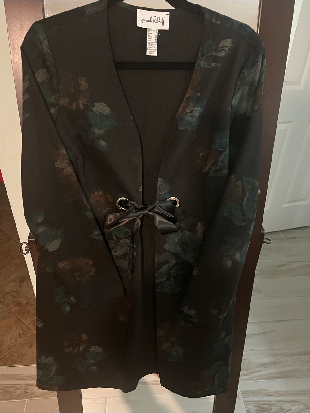 Joseph Ribkoff Black Satin-Tie Floral jacket with Green and Brown Accents